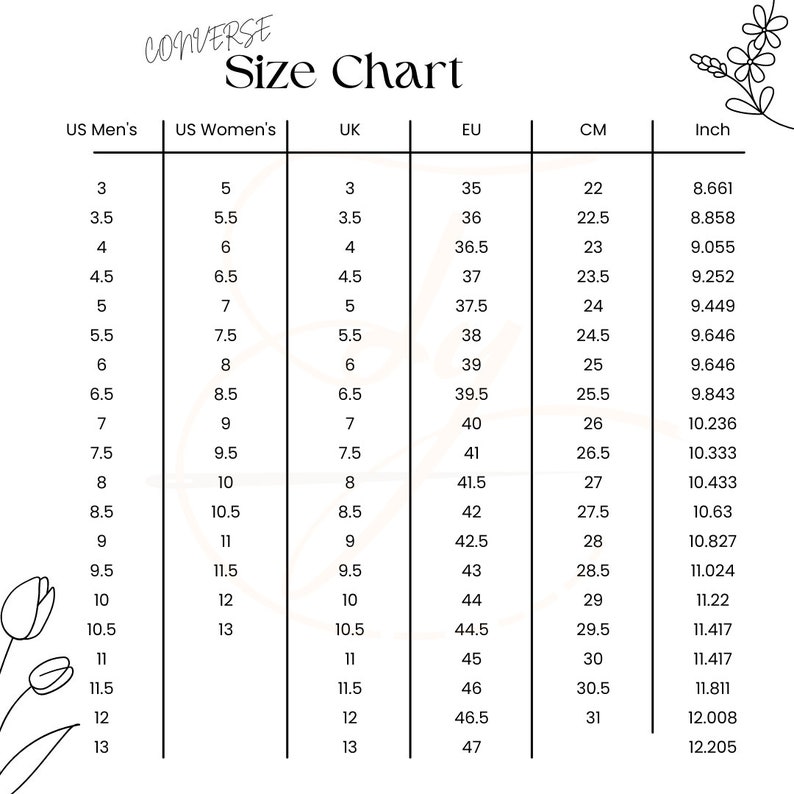 size chart converse for women men