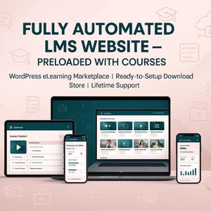 Pode incluir: Anúncio de um site LMS totalmente automatizado, pré-carregado com cursos. A imagem mostra um laptop, um tablet e dois smartphones, cada um exibindo a interface do site. O texto inclui "WordPress eLearning Marketplace".