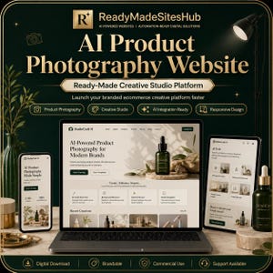 May include: A digital display of an AI product photography website titled ReadyMadeSitesHub. The screen shows a laptop, a smartphone, and a tablet displaying the StudioCraft AI interface, featuring a dark green background with gold text and icons.