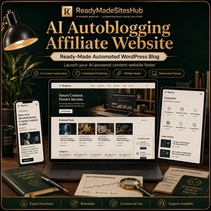 May include: A digital marketing display featuring an AI autoblogging affiliate website on a laptop, smartphone, and tablet. The screen shows the BlogNest interface with text including AI Content Automation and Smart Content, Passive Income.