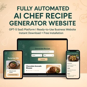 Puede incluir: Imagen publicitaria de un sitio web generador de recetas de cocina con IA totalmente automatizado. La imagen muestra un portátil, una tableta y un smartphone, cada uno con la interfaz del sitio web. El texto dice: "FULLY AUTOMATED AI CHEF RECIPE GENERATOR WEBSITE."