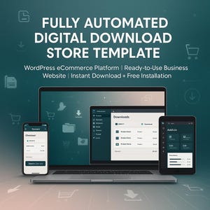 May include: A digital store template displayed on a laptop, smartphone, and tablet. The screens show a checkout page, a downloads page, and an editing interface. The text reads "FULLY AUTOMATED DIGITAL DOWNLOAD STORE TEMPLATE".