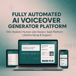 Può includere: Un laptop, un tablet e uno smartphone mostrano un'interfaccia della piattaforma del generatore di voiceover. Il testo recita "FULLY AUTOMATED AI VOICEOVER GENERATOR PLATFORM" e "100+ Realistic Human-Like Voices". Gli schermi mostrano la sintesi vocale e le impostazioni vocali.