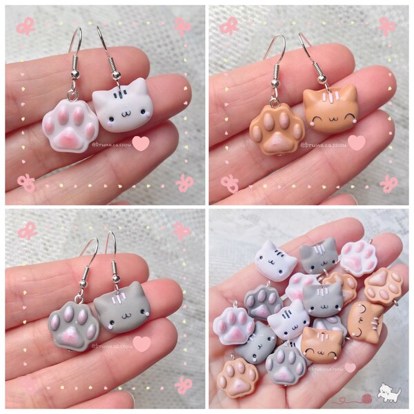 Boucles d’oreilles chat et patte ~ Paw’s Cat ~ Cute Fimo Polymer Clay Handmade, Gift Ideas ~ Kawaii Puppies ~ Cats Catlover Catlovers Kittens