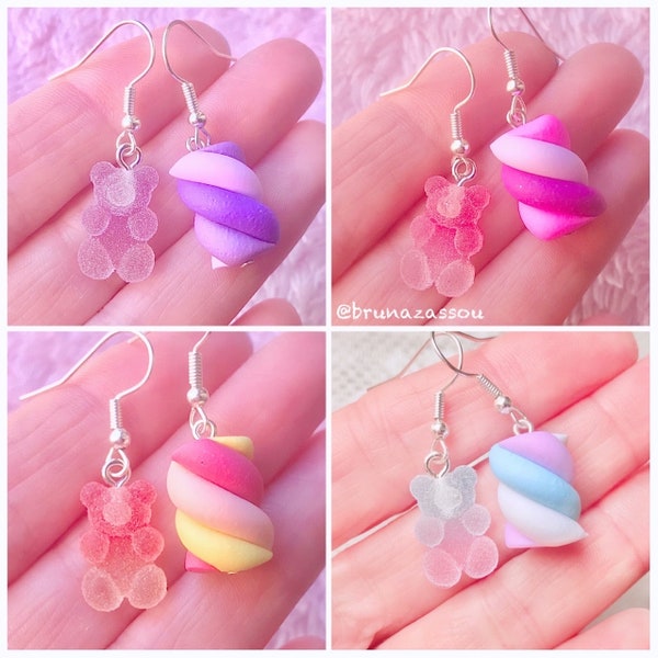 Boucles d’oreilles bonbons ours gommeux et guimauve ~ Boucles d’oreilles mignonnes avec bonbons ~ Boucles d’oreilles en argile polymère et résine ~