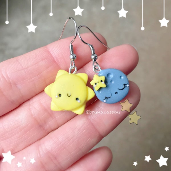 Boucles d'oreilles Soleil et Lune Clay Kawaii Fimo Polymerclay Handmade ~ Moon Stars Sun ~ Night & Day ~ Idée cadeau mignonne