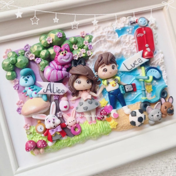 Fait à la main sur commande cadre Figures mignon Fimo polymère argile Kawaii Ooak Art famille bébé cadeau demande personnalisée