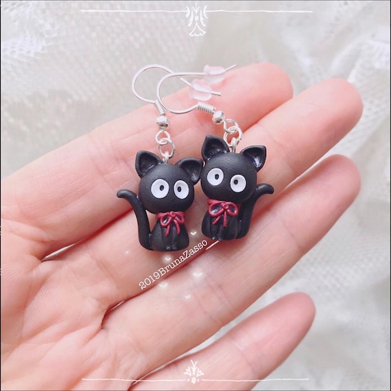 Boucles d'oreilles pendantes chat noir - Bijoux animaux