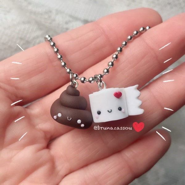 Poop and Toilet Paper Necklace - Kawaii Bijoux Fimo Creation Polymer Clay - Gift Idea - Handmade Charms, Best Friends, Funny Cute