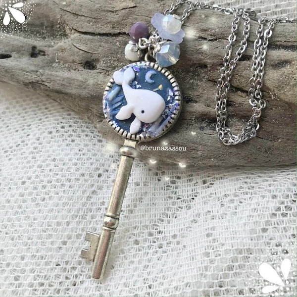 Collier de baleine mignon Fimo Polymère Argile fait à la main comme par magie Cadeau Charmes blancs Art Kawaii Baleines Amant Cristal Lune