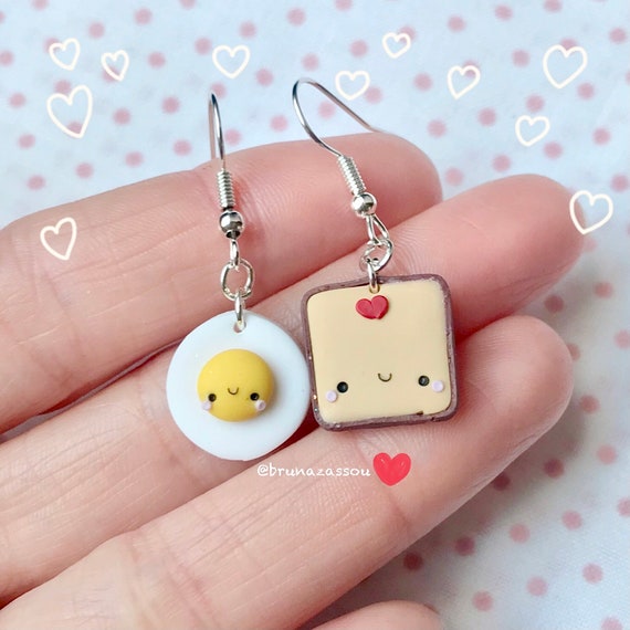 Egg and Toast Earrings ~ Cute Chibi Fimo Polymer Clay Kawaii Handmade ~  best friends