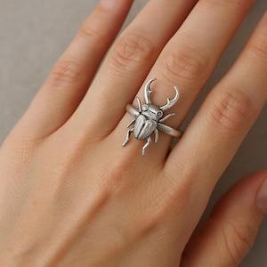 German Silver Stag Beetle Ring, Entomologist Insect Jewelry, Gothic Statement Bug Ring, Christmas gift