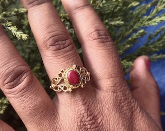 Vintage Red Coral Stone Ring: Boho Gold Plated Filigree Brass Jewelry