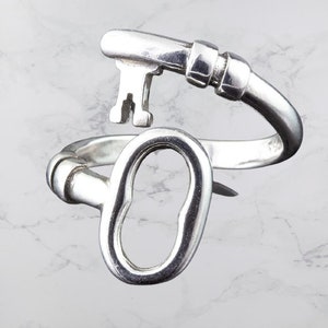 Vintage Skeleton Key Ring Sterling Silver, Wrap Key Ring, Unique Gift, Adjustable Ring. image 4