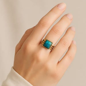 Square Turquoise Brass Ring: Handmade Gemstone Statement Ring