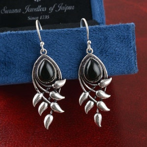 Black Onyx Leaf Dangle Earrings: Silver Plated Brass, Handmade