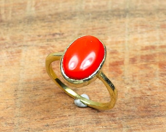 Red Coral Cabochon Ring: Gold Plated Brass, Boho Minimalist Jewelry