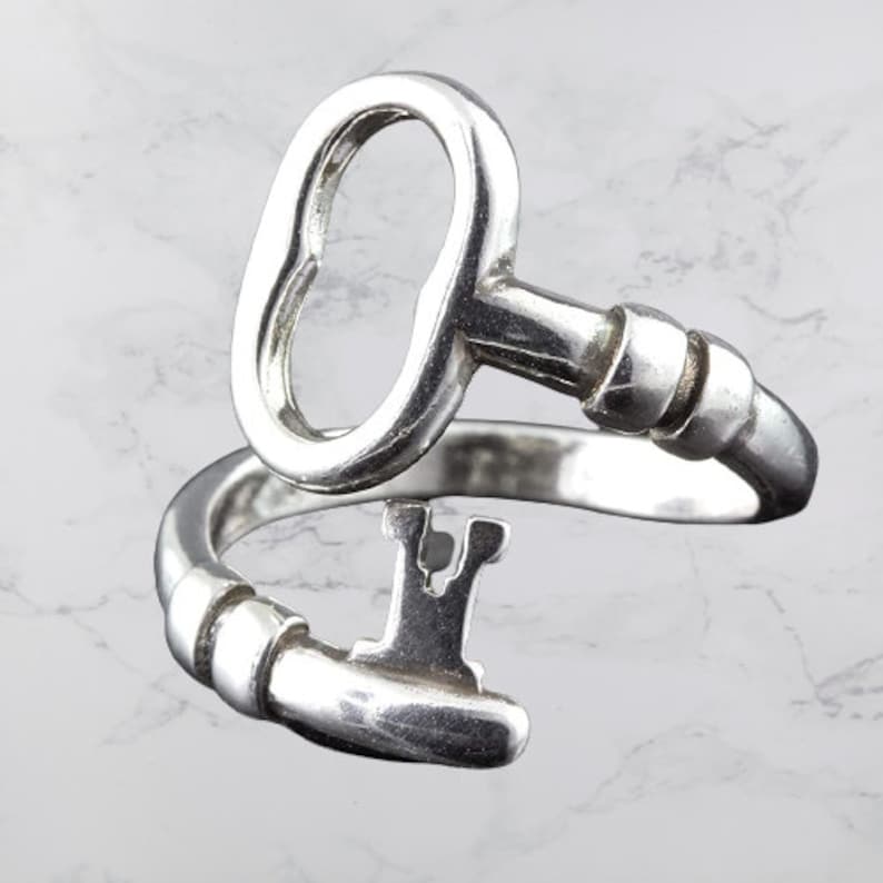 Vintage Skeleton Key Ring Sterling Silver, Wrap Key Ring, Unique Gift, Adjustable Ring. image 1