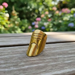 May include: A gold-colored ring shaped like a thumb, with detailed lines mimicking the nail and knuckles. The ring is set against a wooden surface with a blurred floral background, creating a contrast of textures and colors.