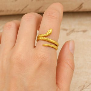 Gold Snake Ring, Adjustable Serpent Brass Ring, Boho Gothic Reptile Jewelry, Handmade Snake Band for Women