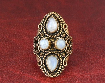Moonstone Boho Ring, Brass Statement Ring, Vintage Tribal Gemstone Ring, Adjustable Festival Jewelry, Ethnic Handmade Ring, Gift for Mom.