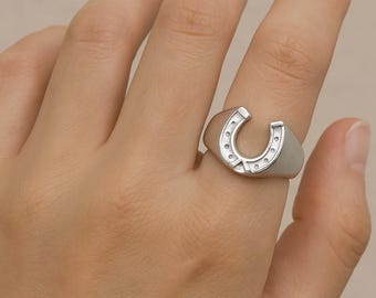 Lucky Horseshoe Signet Ring, German Silver Western Jewelry, Good Fortune Talisman, Gift for Mom.