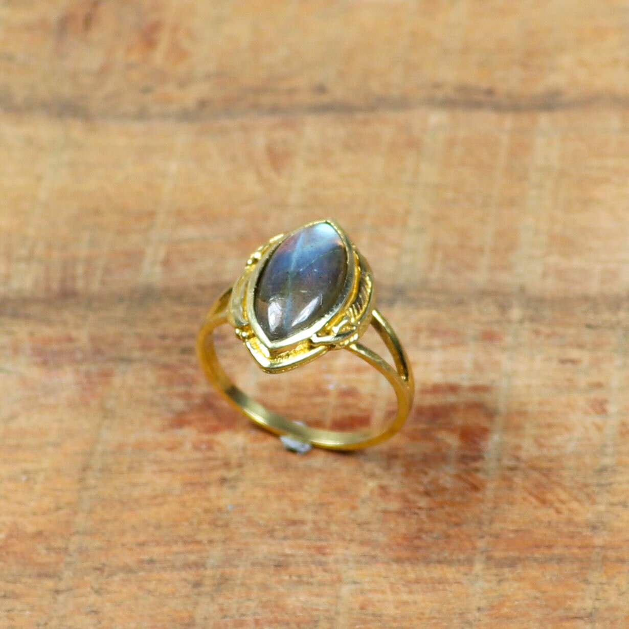 Boho Labradorite Teardrop Ring – Adjustable Brass Statement Jewelry