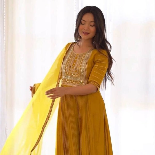 Indian Designer Work Embroidery flared  Anarkali Gown with Dupatta set , Beautiful 2PC women Anarkali Suit , Haldi mehandi rakhi outfit