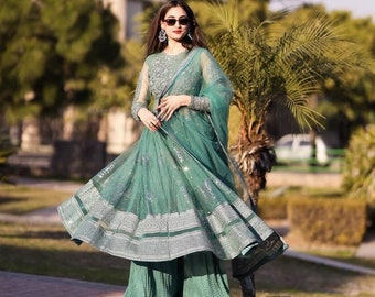 Beautiful Designer Long Green Kurta with Sharara with Dupatta set for women, Readymade Ethnic Indian Designer Wedding Sharara Suit for Women