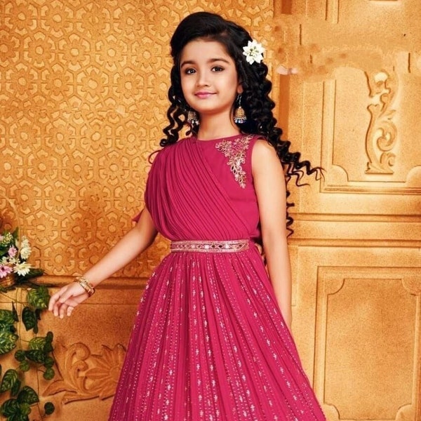 Embroidered Sequins Work Kurta with palazzo set, Indian wear Girls Kids Salwar Suit, Festive Wear, Kids Ethnic Wear, Girls Kurti Set