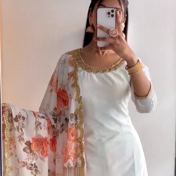 Beautiful Solid Long White Kurti Patiala Dhoti with Dupatta set , Designer Readymade 3 Pc Salwar Suit for Women , Punjabi Women Dresses