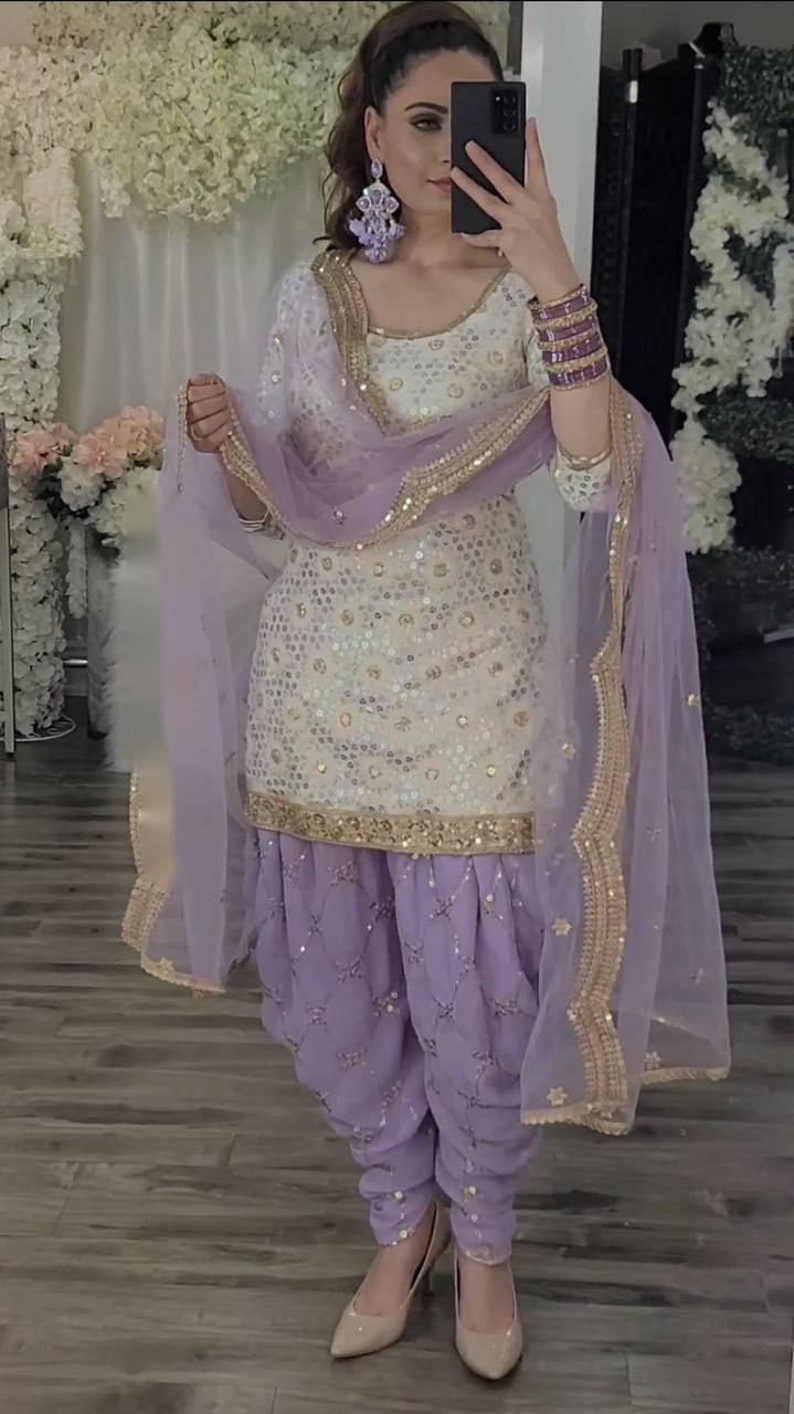 Punjabi Stylish Patiala Lavender Kurta Kurti Pant With Dupatta Set ...