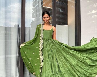 Bollywood Inspired Green Georgette Anarkali Kurta Pant with Dupatta Set , Faux Georgette Gown With Fully Ruffle Flair Ready to wear by