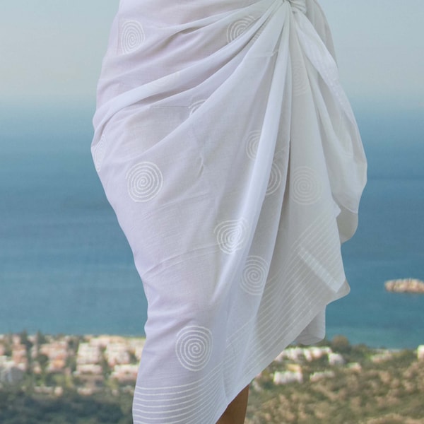 Sarong en coton blanc, Impression main indienne, Enveloppe de plage, Jupe, Paréo, Châle, Voile de coton, Écharpe, Paréos, Imprimé bloc, Floral, Imprimé tourbillon