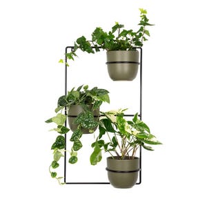 Peut inclure: Une étagère murale en métal noir avec trois pots verts contenant différentes plantes. L'étagère a un design géométrique et est parfaite pour exposer de la verdure dans une maison moderne.