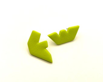 Bright Green, Fun, Unique, Mismatched, Geometric, Avant Garde Stud Earrings on Hypoallergenic Posts