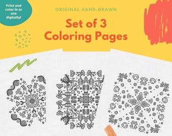 以下が含まれることがあります： 複雑なパターンが描かれた白黒の塗り絵3枚セット。大人も子供も楽しめるようにデザインされています。