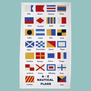 Könnte beinhalten: Ein weißer Hintergrund mit einer Tabelle von nautischen Flaggen. Jede Flagge ist mit ihrem entsprechenden Buchstaben des Alphabets und Namen beschriftet. Die Flaggen sind in verschiedenen Farben, darunter Rot, Blau, Gelb und Schwarz.