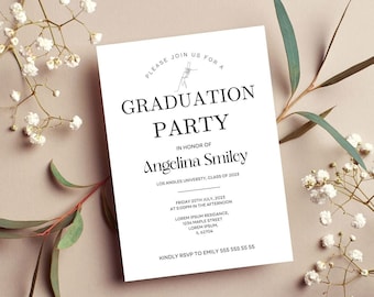May include: A white graduation party invitation with black text. The invitation reads "Please join us for a Graduation Party in honour of Angelina Smiley, Los Angeles University, Class of 2023. Friday 20th July, 2023 at 5:00pm in the afternoon, Lorem Ipsum Residence, 1234 Maple Street, Lorem Ipsum, 42704. Kindly RSVP to Emily 555 555 55 55."