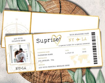 Gold Boarding Ticket Template with Photo, Surprise Boarding Pass, Editable Plane Ticket, Holiday Destination, Custom Airline Ticket, PVT-15