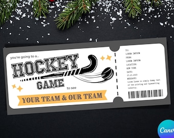 May include: A black and white ticket with a hockey stick and puck graphic. The ticket says "You're going to a... Hockey Game to see Your Team & Our Team". The ticket also includes information about the event, such as the date, location, and message.