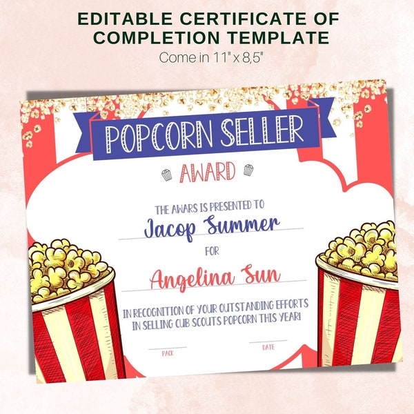 Editable School Popcorn Sales Award Certificate, Cub Scout Popcorn Seller Award, Printable Popcorn Sales Award Certificate, PCT-45