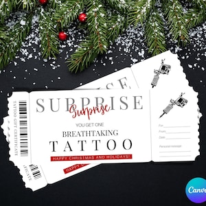 Cupón de tatuaje editable, tarjeta de regalo sorpresa para tatuaje en blanco y negro, certificado de regalo imprimible, cupón de regalo para tatuaje, PGC-40