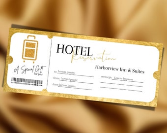 Bearbeitbarer Gold-Gutschein für Hotelreservierung, individuelles Reiseticket, anpassbarer Geschenkgutschein, Hotelgutschein, Geschenk für eine Wochenendreise, PGC-46