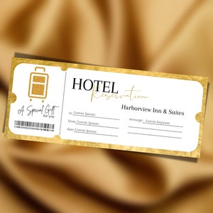 Bewerkbare gouden hotelreserveringsvoucher, aangepast reisticket, aanpasbare cadeaubon, hotelvoucher, cadeau voor weekendje weg, PGC-46