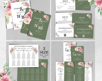 Conjunto de invitación de boda Boho editable, conjunto de invitación de boda Pampas imprimible, colección de plantillas de boda personalizadas, PWC-15