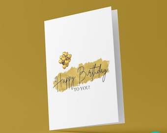Personalised Birthday Card With Balloons, Editable Birthday Card with Gold Brush, Printable Birthday Card Template, PBC-06