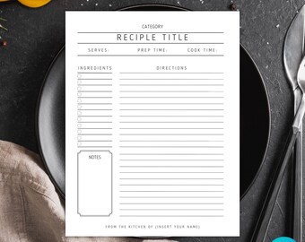 Recipe Card Template, Minimal Recipe Card Template, Recipe Page Template, Modern Recipe Card, Printable Recipe Card, PRC-03