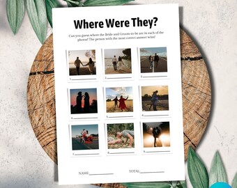 Waar waren ze-fotospel, bewerkbaar waar waren ze-spel, minimalistisch vrijgezellenfeestspel, douchespel voor stellen, bruiloftspellen, PWC-12