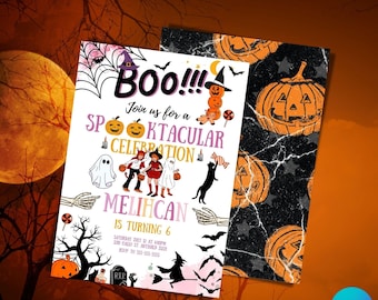 May include: Halloween-themed invitation with the word "Boo!!!" at the top. The invitation features illustrations of pumpkins, ghosts, and a witch. The back of the invitation has a pattern of orange pumpkins on a black background. The invitation text reads "Join us for a Spooktacular Celebration".